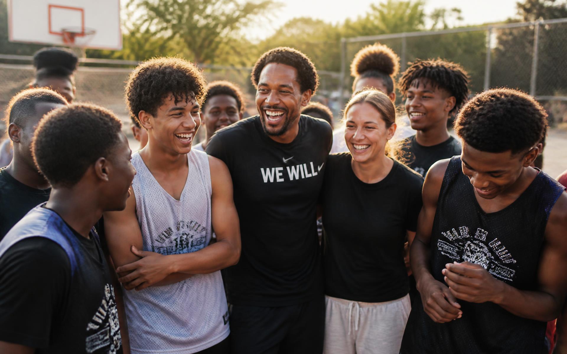 A group of teenagers and young adults laughing together with their mentors on a community basketball court